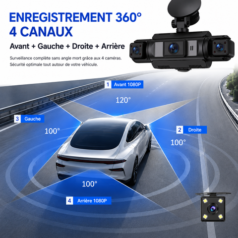 Dashcam Voiture WiFi 4 Canaux 1080P avec Vision 360°