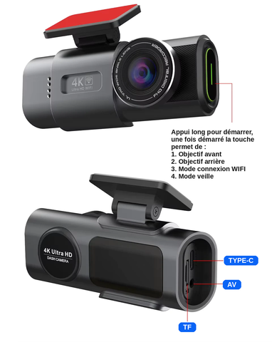 Dashcam Voiture 4K UHD Avant & Arrière avec GPS et WiFi