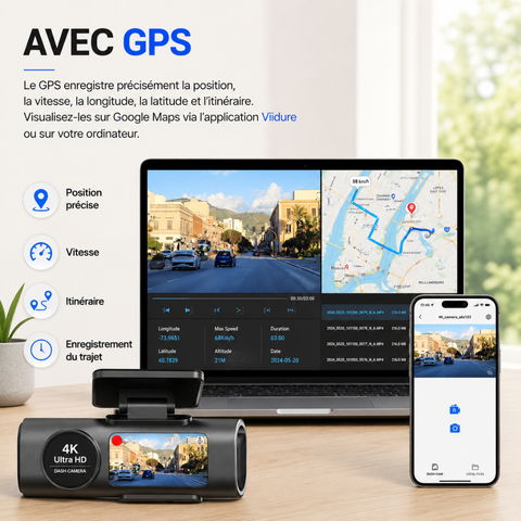 Dashcam Voiture 4K UHD Avant & Arrière avec GPS et WiFi